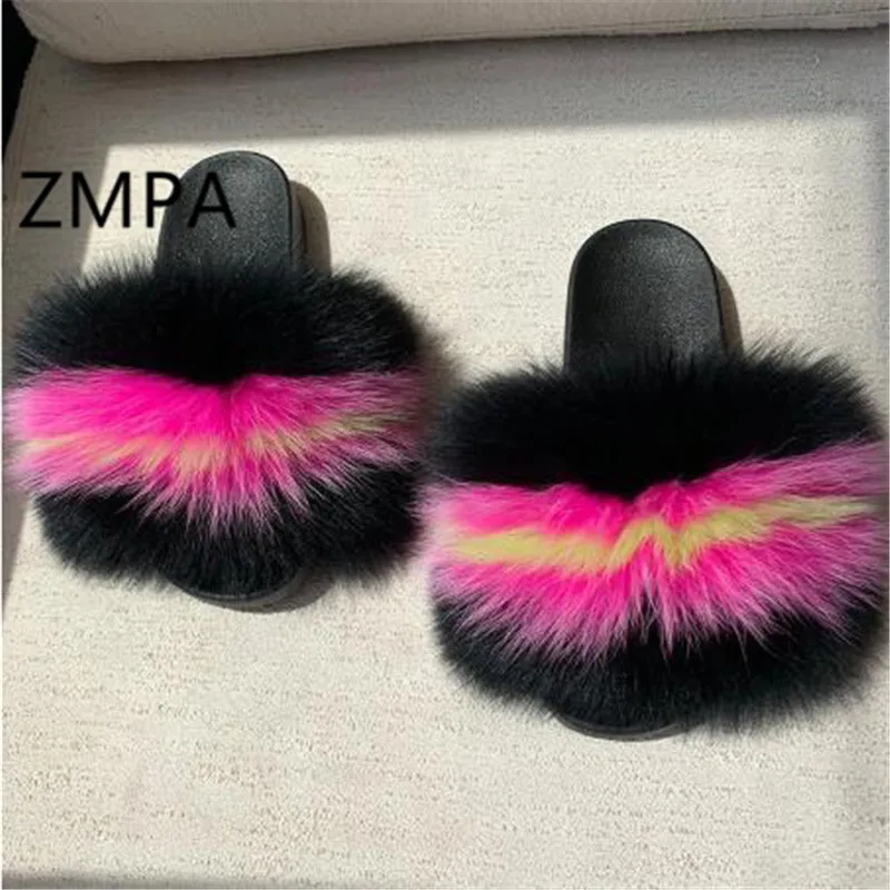 

Woman's Fox Fur Slides Girl's Cute Plush Fox Hair Fur Shoes Women Fluffy Furry Sandals Fuzzy Fur Slides Flip Flops