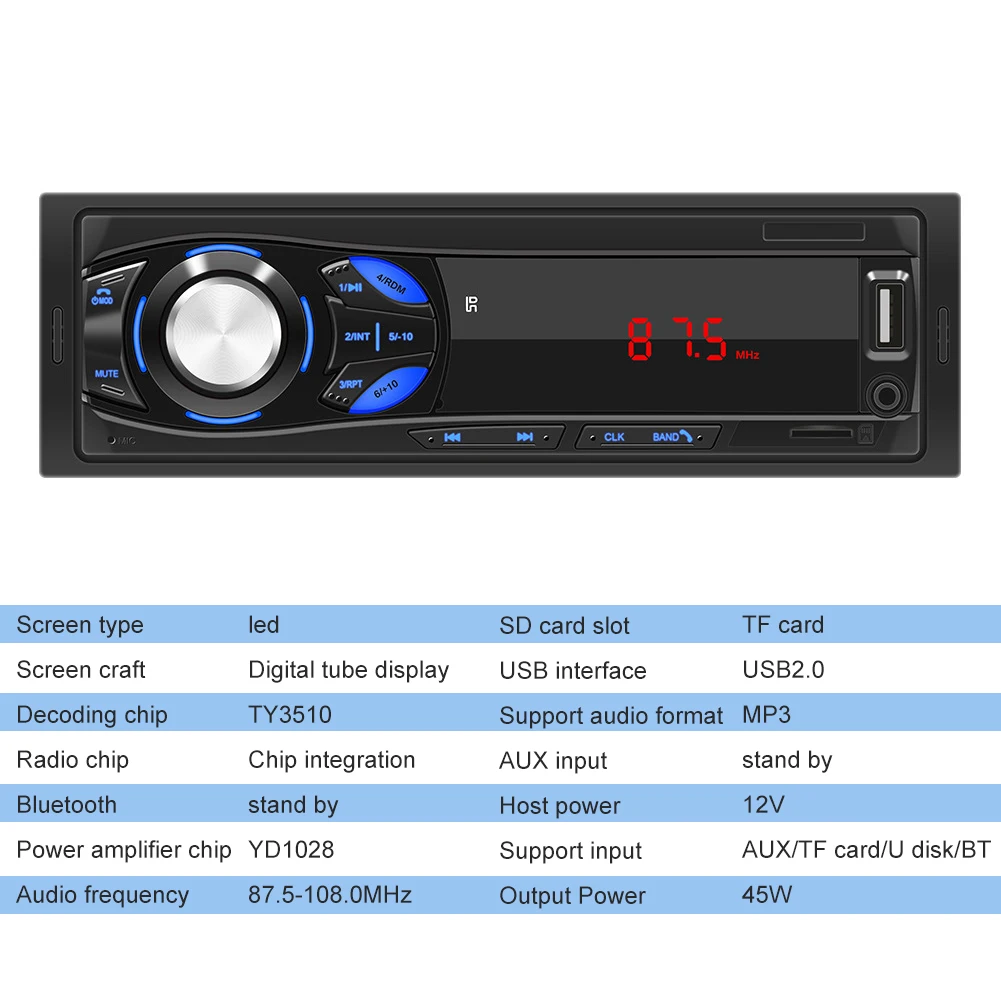 Автомобильное радио MP3 аудио 12 в Bluetooth-совместимый стереоплеер FM AUX/USB/TF In Dash