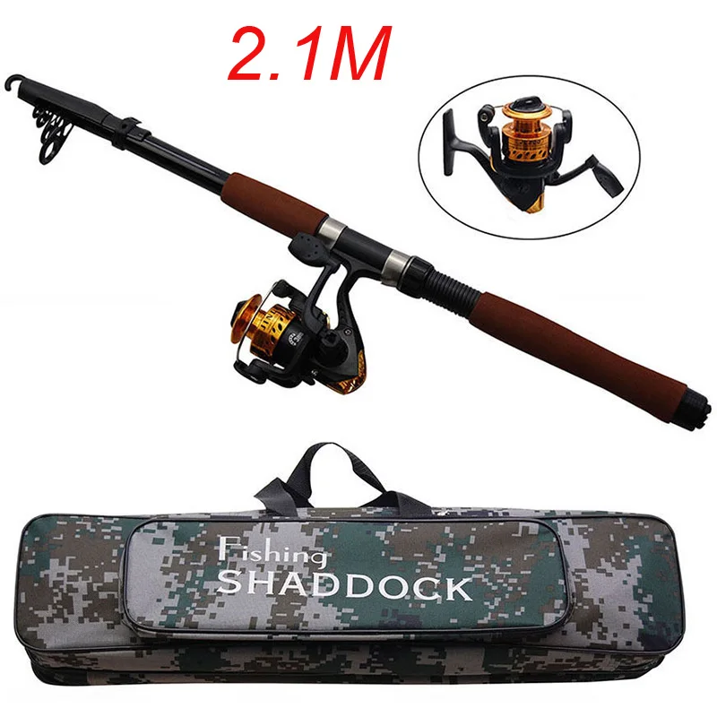 2.1m set 2.4 М стекловолокна телескоп Baitcasting Рыбная ловля стержня и Катушка летать Рыбная ловля литье спиннинг Удочки и Водонепроницаемый Сумка Комбо - Цвет: 2.1m set