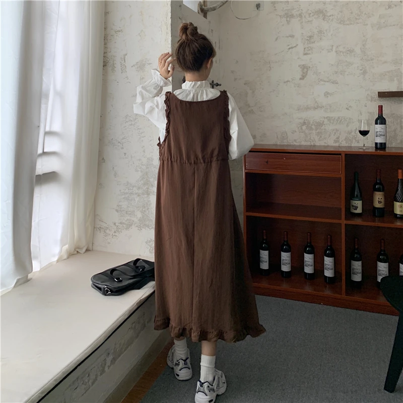 

Korean Autumn Winter New Preppy Style Dress Sweety Lace Lantern Sleeve Tops Vintage Cute Ruffles Loose Dresses Two-piece Suit