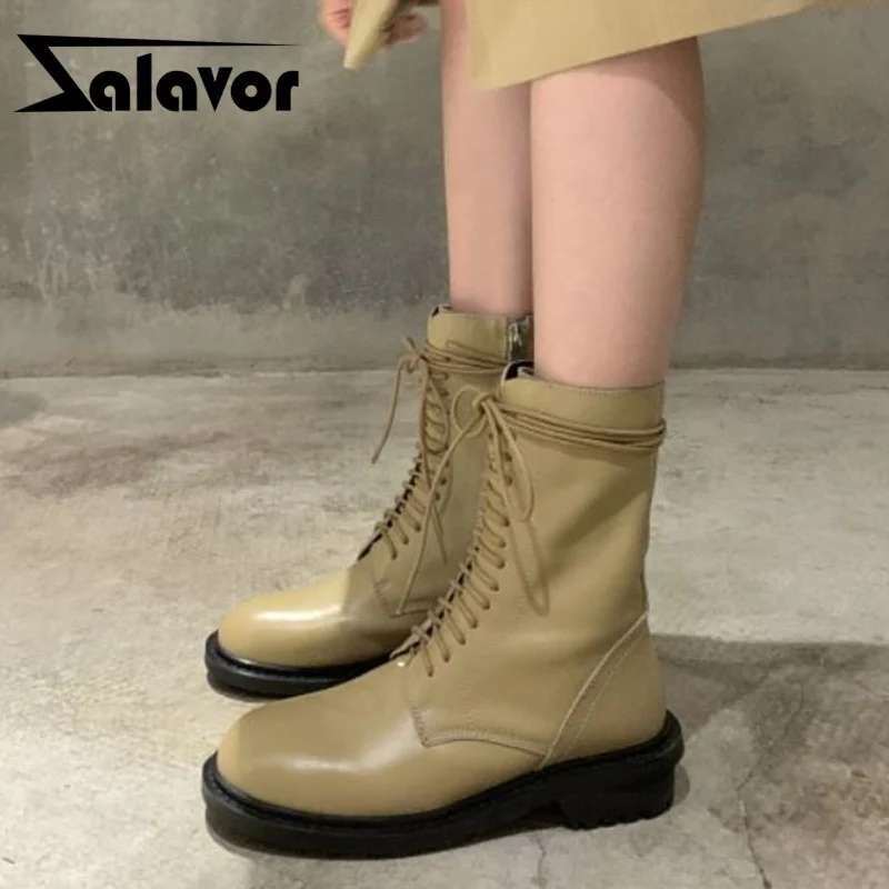 

Zalavor Women Mid Calf Boots Genuine Leather Cool Winter Shoes Woman Lace Up Daily Club Ladies Short Boots Footwear Size 34-39