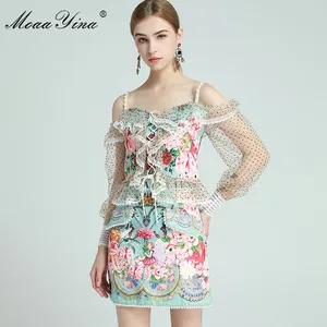 Женский комплект из двух предметов MoaaYina, летний комплект из топа с открытыми плечами, длинным рукавом, на шнуровке и юбки с цветочным принтом, украшенной бисером