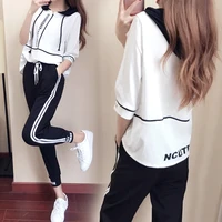 spring and autumn sports and leisure suits hooded sweater womens summer harajuku short sleeved top loose pants suit
