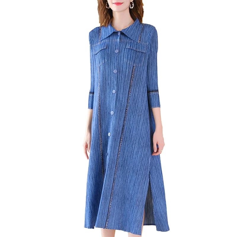 

Women Dress Plus Size 2020 Autumn Turndown collar 3/4 Sleeve Single Breasted Big Stretch Miyake Pleats Split Denim Dress