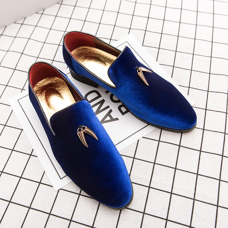 Men Shoes Dress Velvet Loafers Italian Men's Social Handmade New Fashion Metal Designer Party Royal Blue Black Red | Обувь