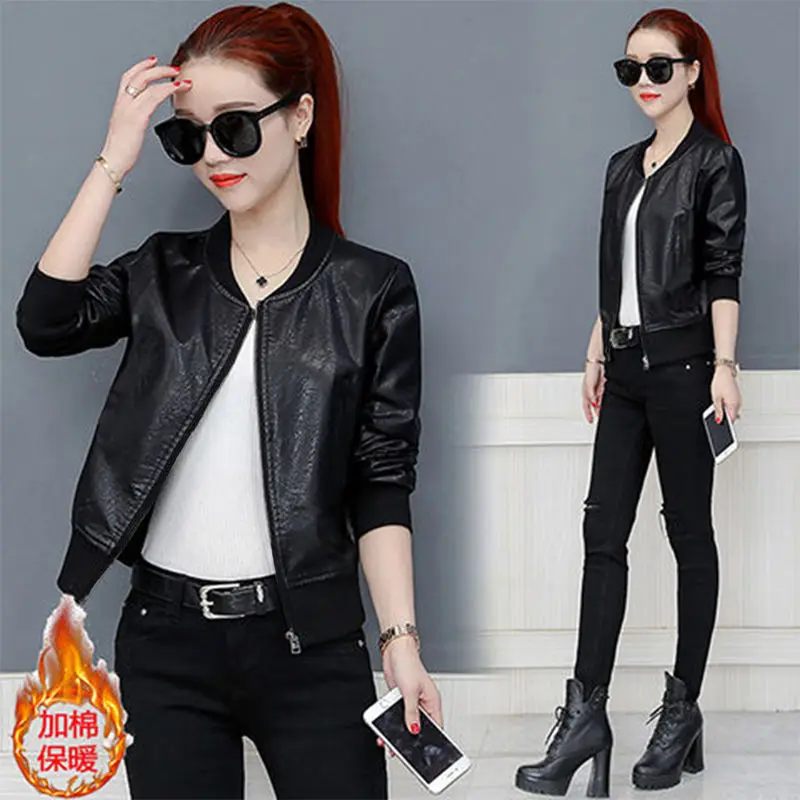 

2020 High Quality New Spring Women Leather Jacket Black Color Mandarin Collar Zippers Short Female Faux Leather Jackets