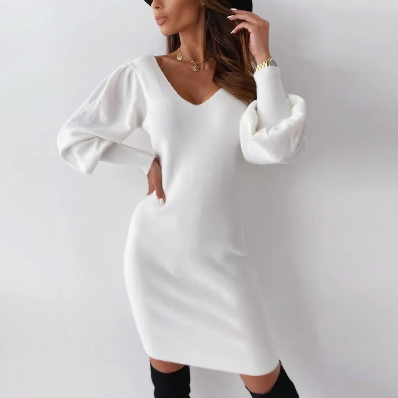 

Ladies Sexy Open Back Lace Dress Autumn Long Sleeve V-neck Solid Color Casual Slim-fit Dresses