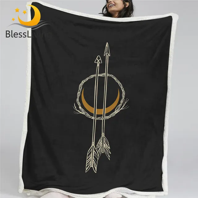 BlessLiving Arrow Soft Blanket Moon Plush Bedding Yellow Golden Throw Blanket for Bed Cozy Tribal Home Decor Mysterious Cobertor 1