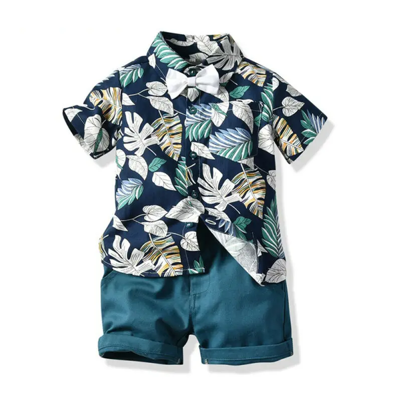 Fashion Toddler Baby Kid Boy 2PCS Outifit Set Banana Leaf Print Short T-shirt+Short Solid Pants Gentelman Clothes | Детская одежда и