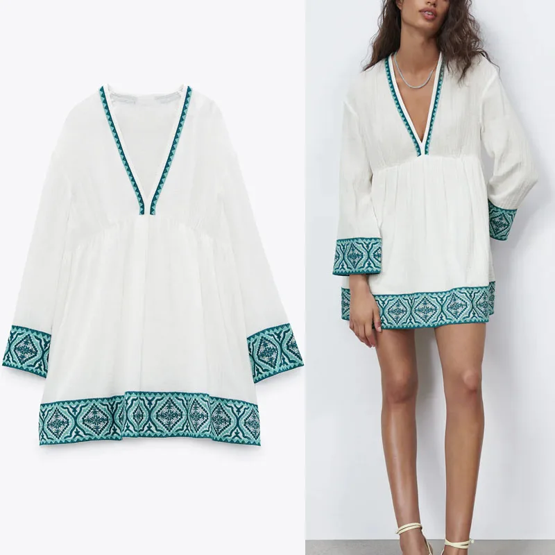 

Women Textured Mini Embroidery Dress 2021 Patchwork Long Puff Sleeve Vintage Loose Summer Dress Woman Pleated White Dresses