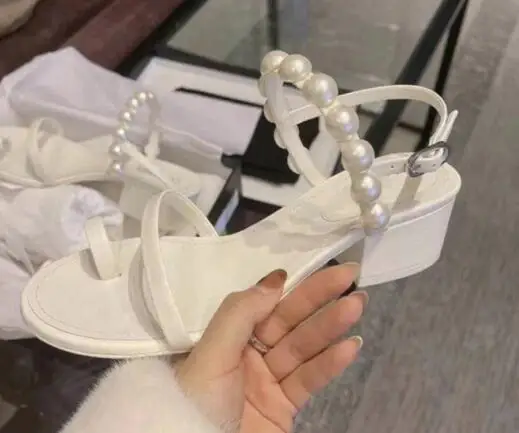 

BONJEAN White pearls Beaded High Heel Shoes Summer Open Toe Ankle Strap Women Sandals Sexy Thick Heels Dress Shoe White Black
