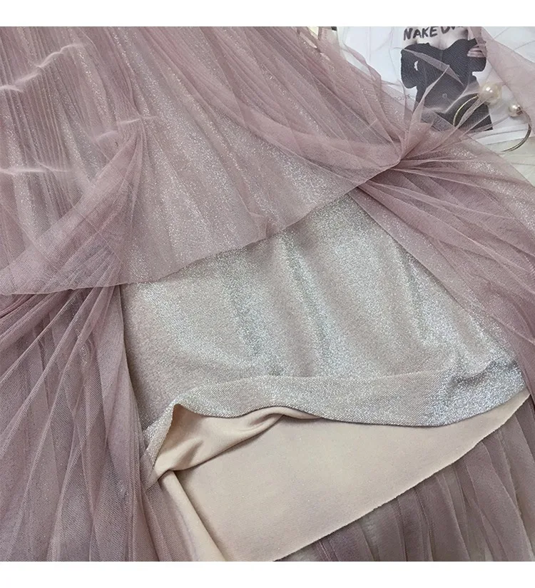 

Spring 2021 New Pleated Skirt Women Mesh Silk Solid Color Shiny Part Birthday All Match Long Skirts Female Oversized Ol Bottom
