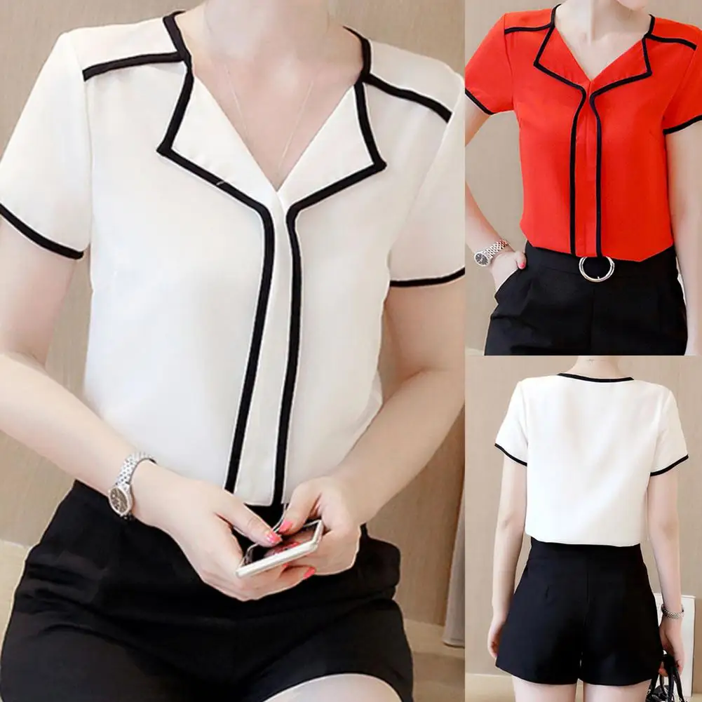 

Women Summer V Neck Short Sleeve Blouse Color Block Edge Chiffon T-shirt Top Casual Loose Style blouse perfect gifts for women