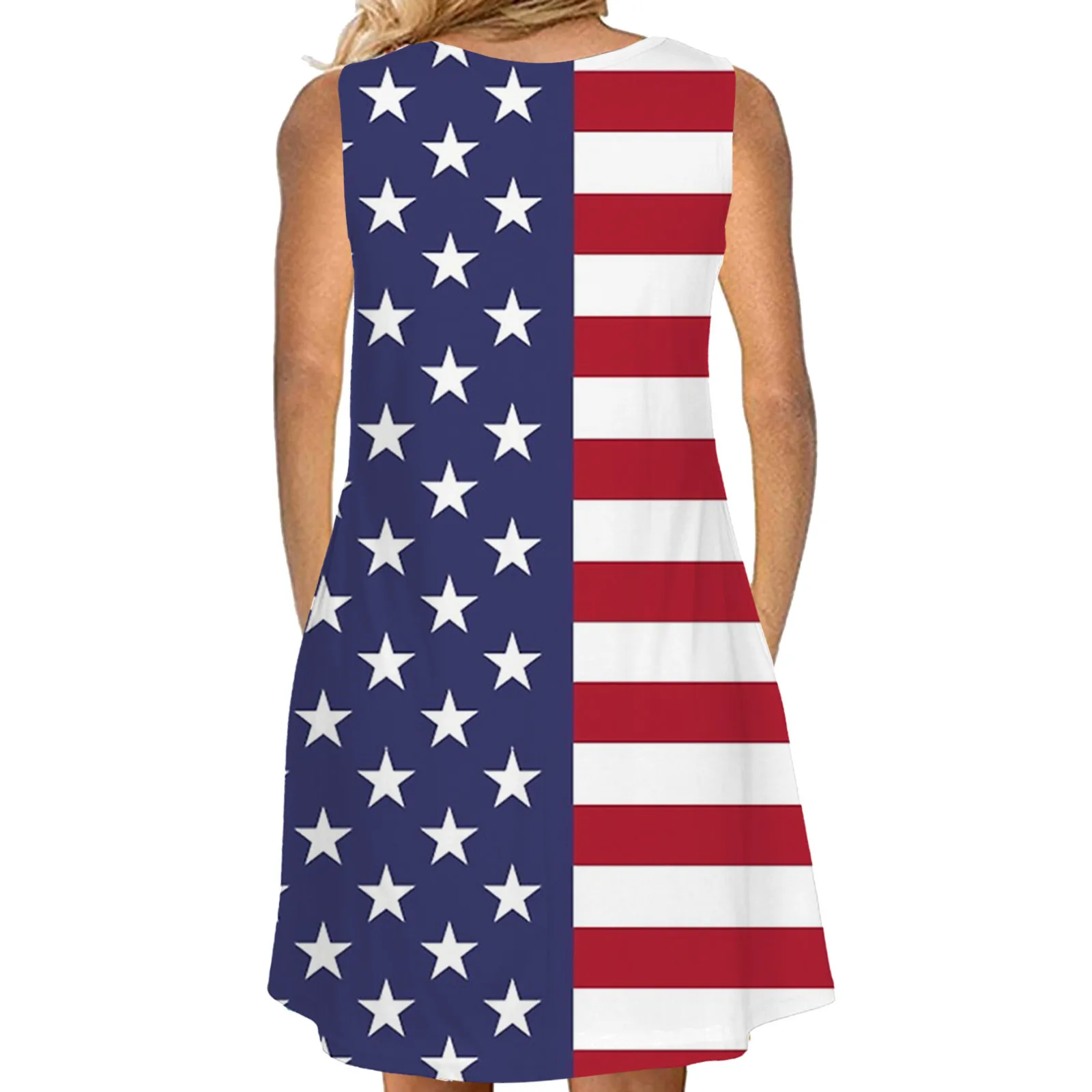 

40# Sleeveless Pocket Dress Ameaican Flag Printed A-line Dress Causal O Neck Tank Dress Women Summer Holiday Beach Dresses