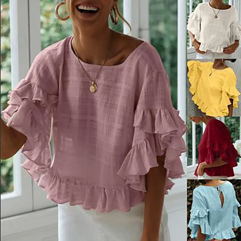 Женская летняя модная футболка с коротким рукавом и оборками по краю|Футболки| |