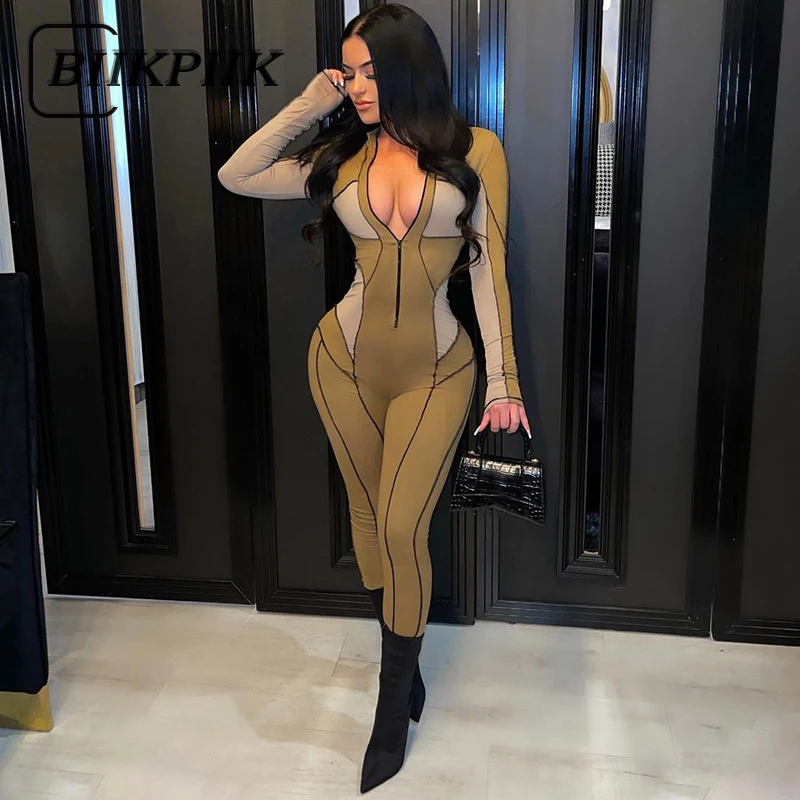 

BIIKPIIK Color-block Patchwork Jumpsuit Women Activity Sportwear Fitness Workout Overalls Long Sleeve One-piece Casual Tracksuit