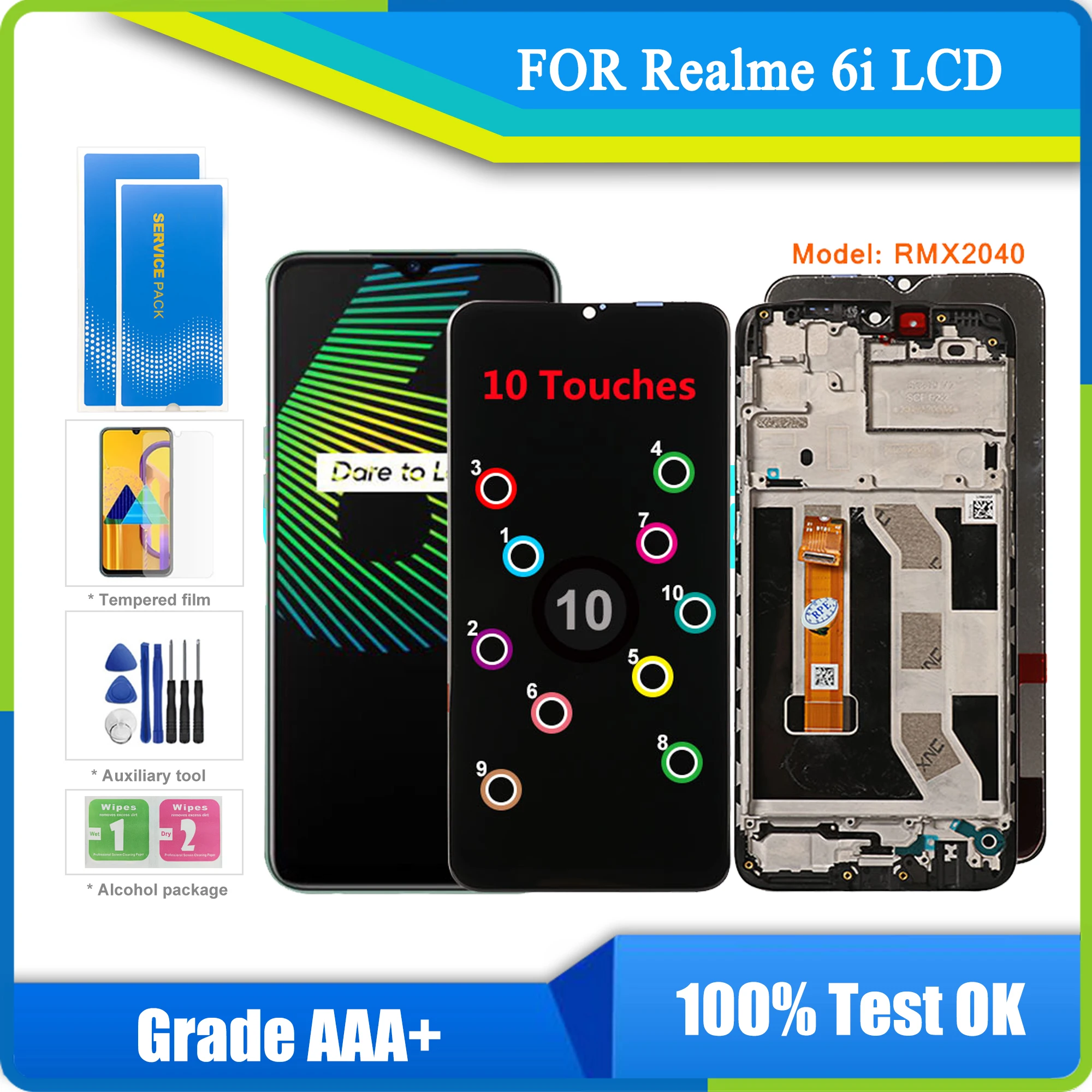 

Оригинальный дисплей для Realme 6i RMX2040, ЖК-дисплей с 10 сенсорными кнопками, с рисунком Rahmen для Realme 6 ich 6i, дисплей Keine tote Pixel