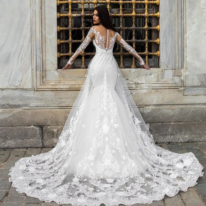 Vestido de Noiva Long Sleeve Mermaid Wedding Dress Lace Appliques Illusion Button Back Gown with Detachable Skirt | Свадьбы и