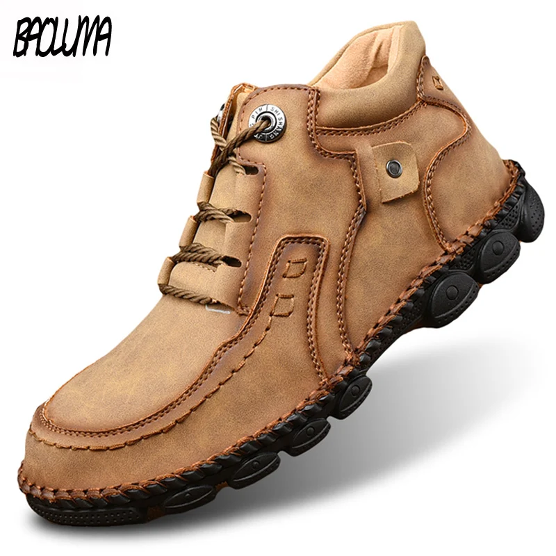 Мужские Водонепроницаемые кожаные ботинки коричневые удобные до щиколотки