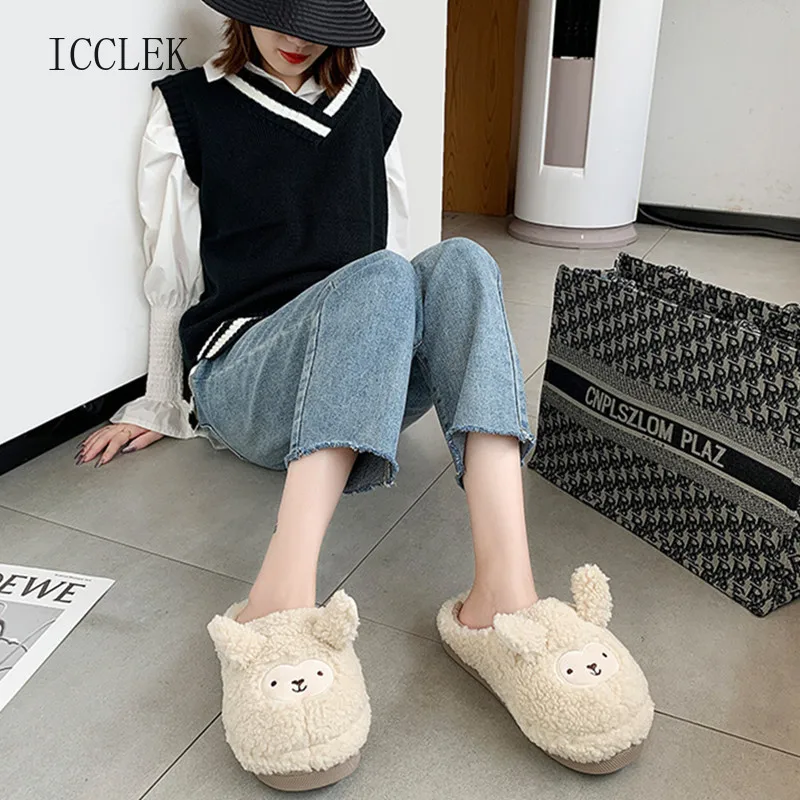 

ICCLEK 2021 Cute Animal Bear Furry Slippers Female Autumn Winter Plush Warm Cotton Flat Plush Non-slip Slipper Women Wome Shoes