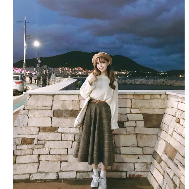 

Elastic waist Vintage Skirts Plus Size Harajuku New Korean Plaid Skirt Women High Waist School Girls mid carf Pleated skirt long