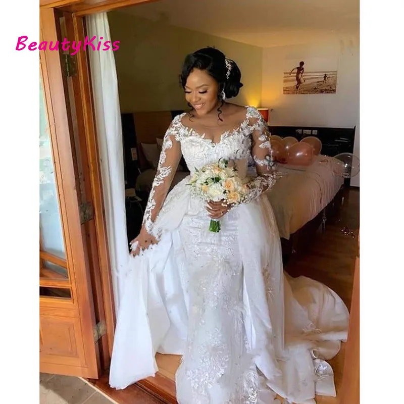 

Африканское свадебное платье, кружевное свадебное платье с длинным рукавом и О-образным вырезом, свадебное платье русалки со съемным нарук...