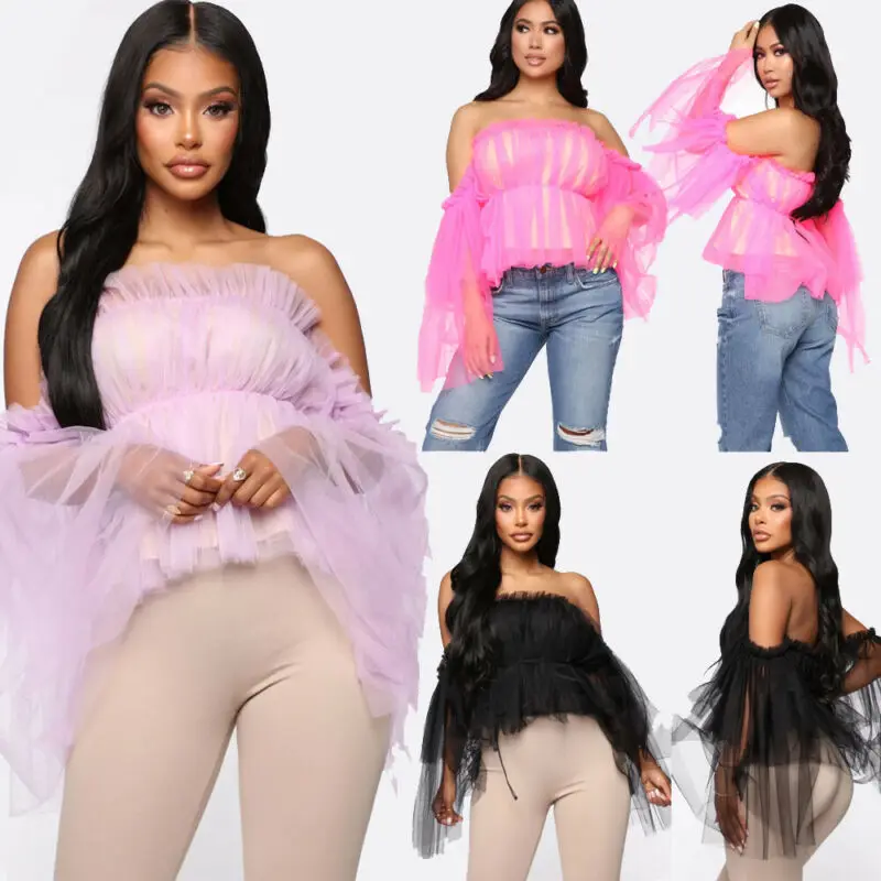 Sexy Women Off Shoulder Slash Neck Ruffle Tops Blouse Ladies Fashion Double Layer Mesh Chiffon Black Pink Purple | Женская одежда