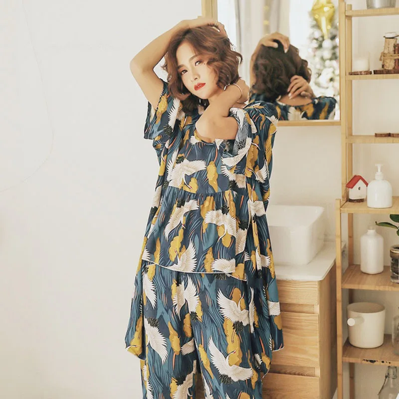 

3 Peices Woman Pajamas Set Cotton Pajamas Sleepwear For Women Crane Printed Long Sleeves Breathable Night Suit Sexy Homewear