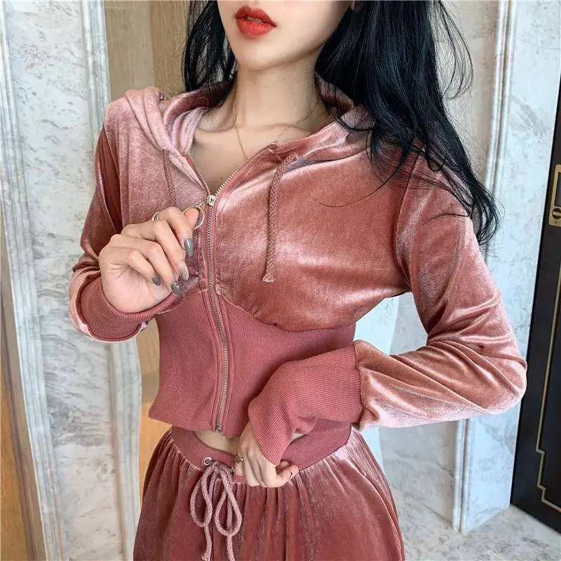 

Autumn velvet leisure suit 2019 new loose hooded short coat + high waist wide leg pants women's two-piece suit FY04