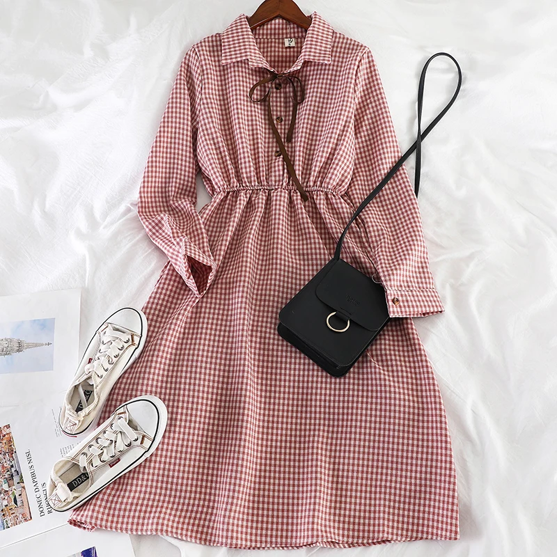 2019 Новое модное женское осеннее клетчатое ретро платье рубашка одежда|Женские