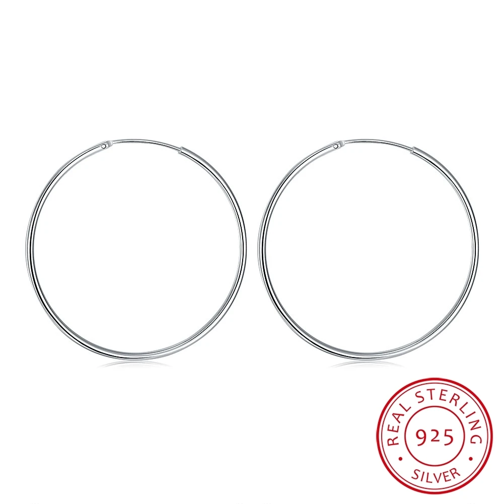 

100% 925 Sterling Silver Hoop Earring For Women 50mm 60mm Round Circle Loop Simple Woman Silver Hoop Earrings