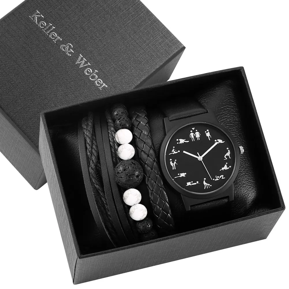 

Fashion Men Watch Bracelet Set Quartz Dial Clocks Leather Strap 3 Pieces Bangles Fine Wristwatch Birthday Gift for Daddy Husband