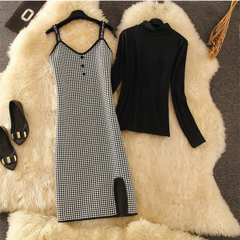 Новинка 2019 осенне-зимнее женское платье комплект из 2 предметов модное черное