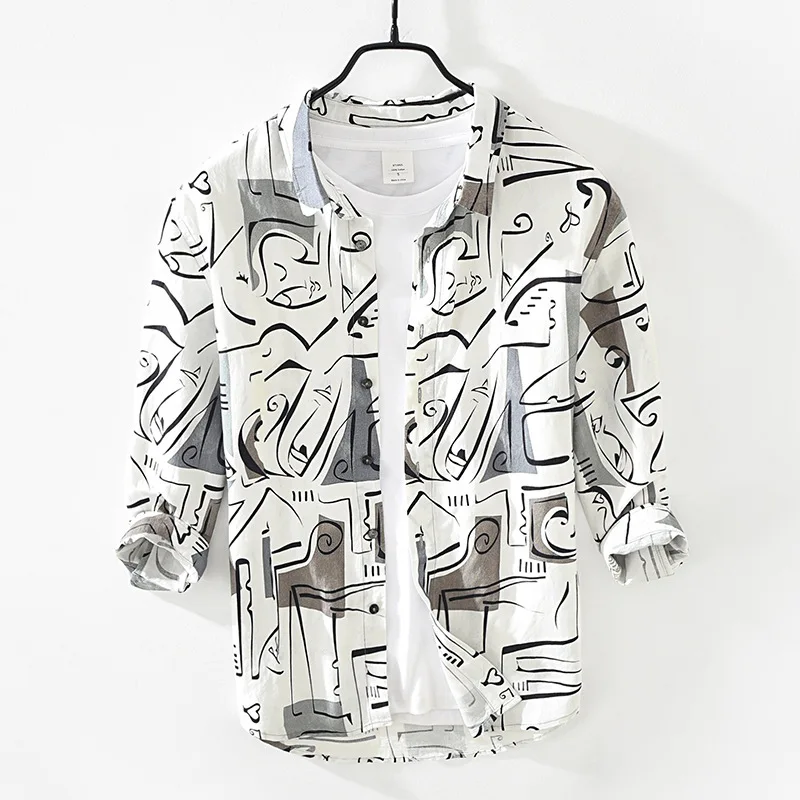 

M2813 Casual Fashion Shirt For Men Youth Vintage Trendy Party Spring Tencel Linen Printing Long Sleeve Lapel Personalize Tops