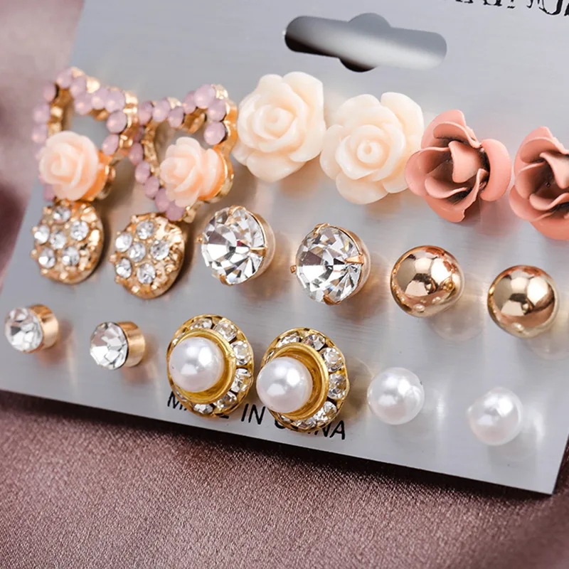 

9 Pairs/Set Pearl Crystal Studs Earrings Women' Girls Elegant Rose Heart Ear Studs Earring Jewelry Gift Accessories