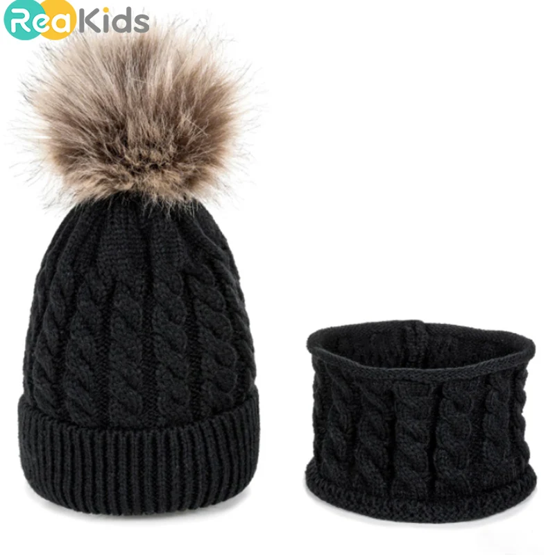 REAKIDS 2 шт./компл., подходит для новорожденных, детские зимние шапки+ шарф, костюм вязаная шляпа теплая шапка с помпоном Универсальная крышка для мальчиков и девочек