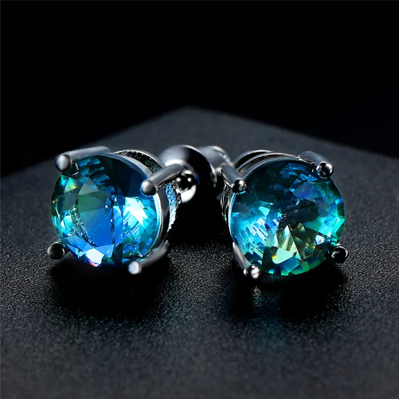 Blue Green Earrings Круглый Мистический Огонь кристалл клипсы с камнем Серьги для женщин мужчин 925 Серебряный Цвет Радуга синий зеленый циркониевый Двойные серьги свадьба - Окраска металла: Blue Green Earrings