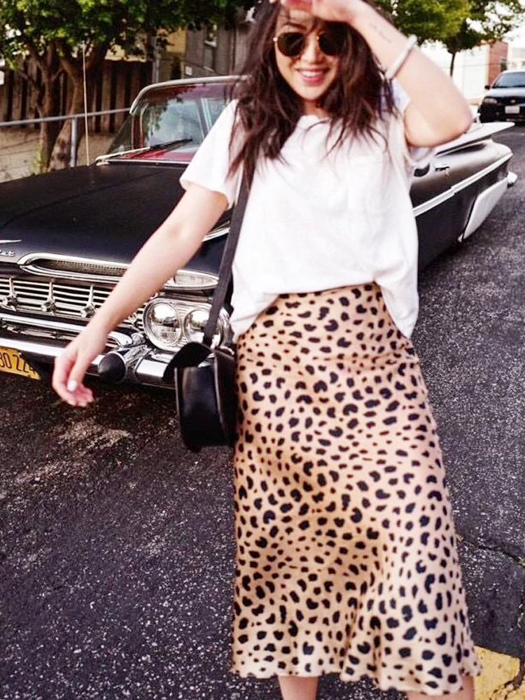 Женская атласная юбка с леопардовым принтом Повседневная модная средней длины а
