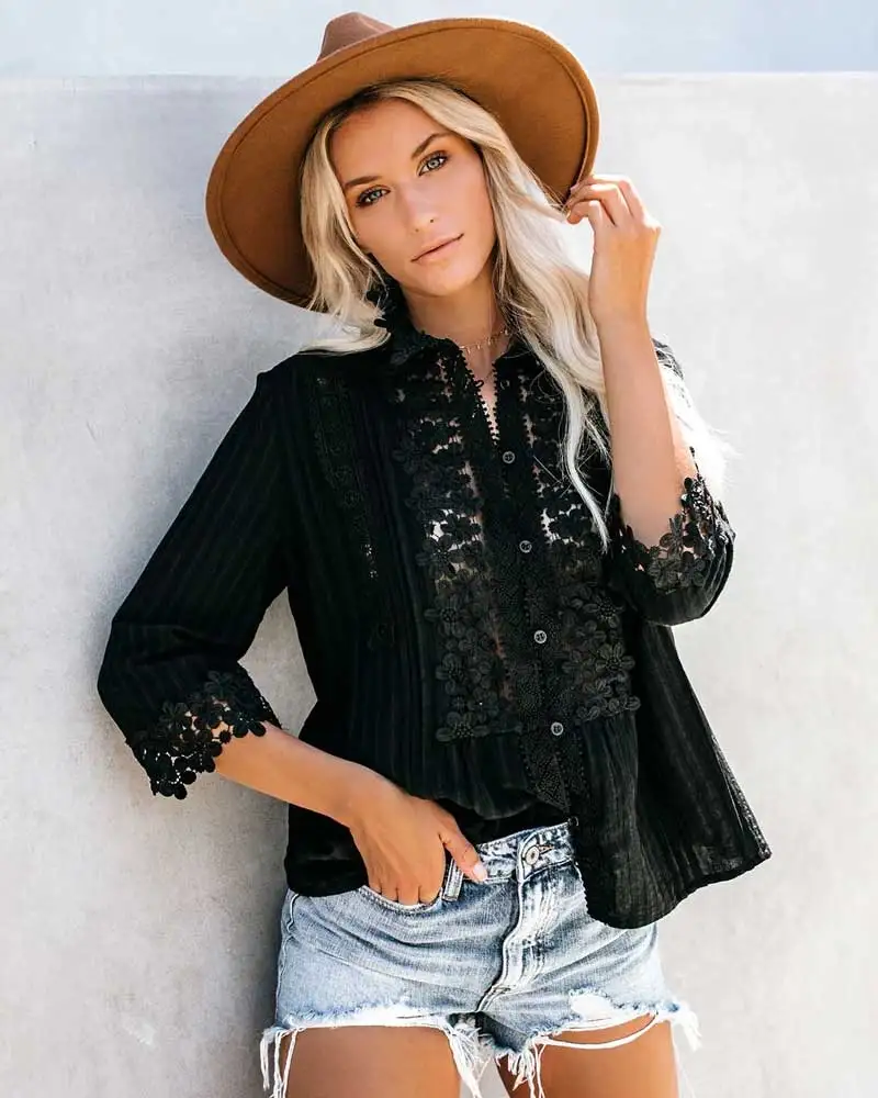 Богемный Вдохновленный черная рубашка женская половина рукава новые женские