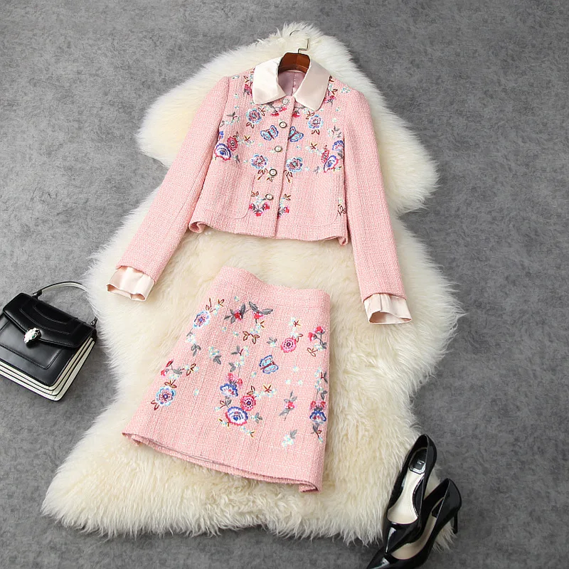 

Winter Women's Skirt Suits 2020 New Floral Embroidered Turn Down Collar Small Jacet + High Waist Short Tweed Skirt Pink 2PCS Set