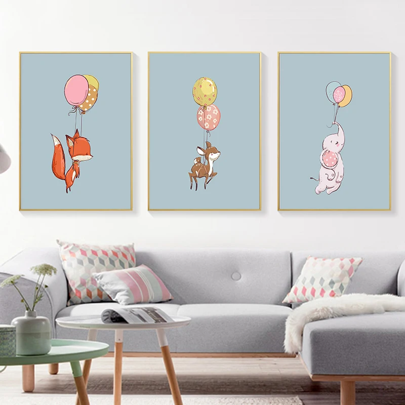 Скандинавский мультфильм детские животные холст картины детская розовый шар Арт