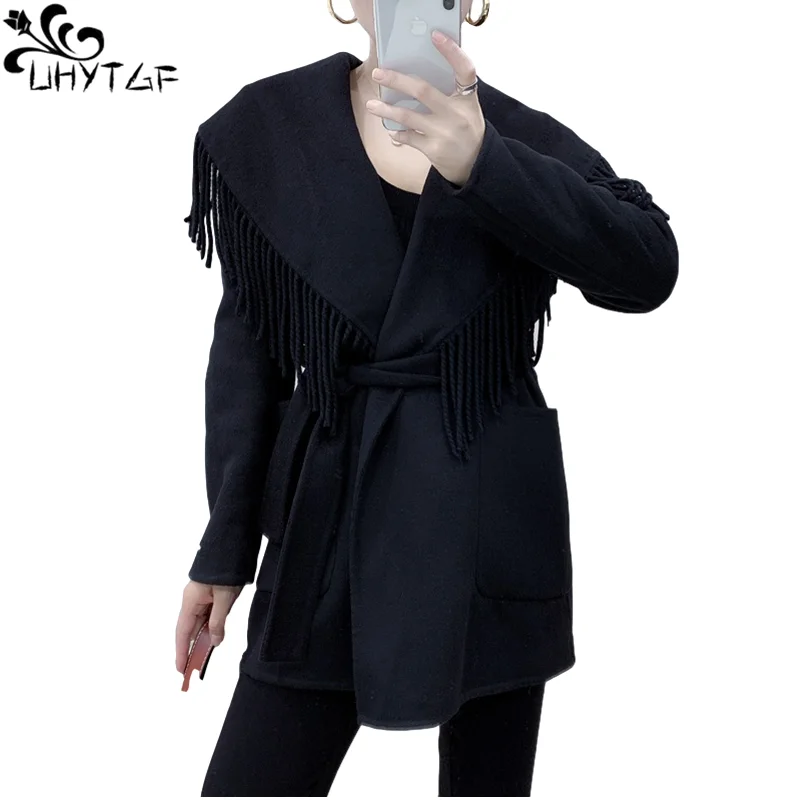 

UHYTGF Autumn Winter Wool Coat Women Plus Size Top With Fringe Lapel Coat Cardigan With Belt Double-sided Woolen Coat Ladies 966