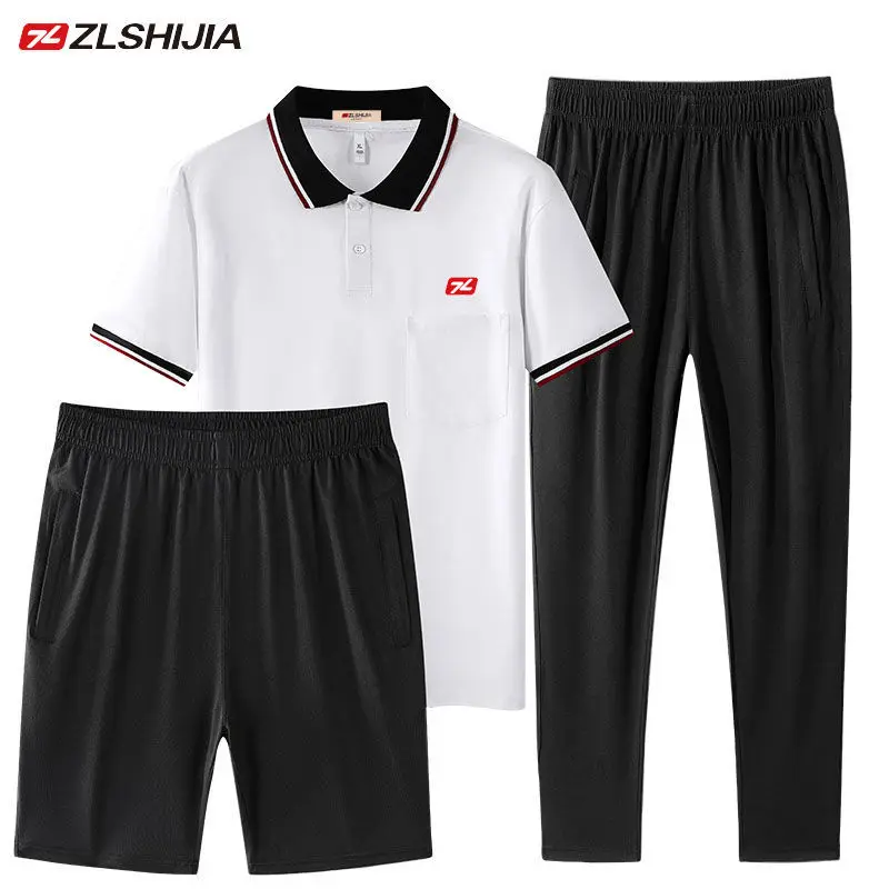 

2021 summer ice silk sports suit men's leisure three-piece large size running fitness suit men