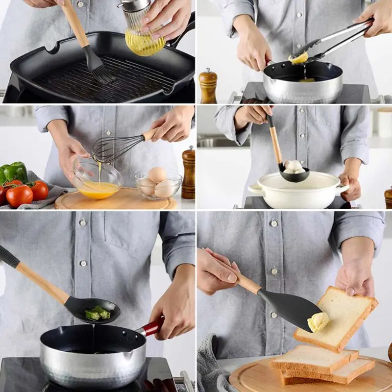 

11pcs Silicone Kitchen Utensils Set Nonstick Spatula Spoon Cooking Tools Heat-resistant with 10pcs Hooks Wooden Handle