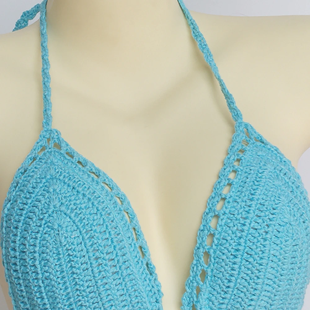Цельные бикини купальник Mujer крючком красный верх купальника Knit Sexy Бикини Для женщин купальный бюстгальтер большой женский купальный костюм S-XL - Цвет: sky blue top