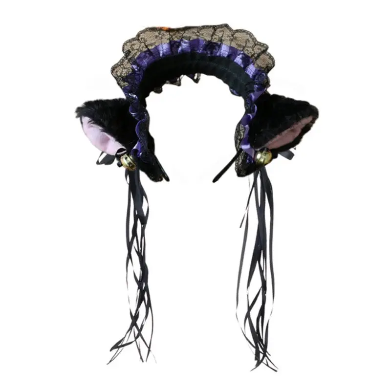 

Women Girls Ruffles Lace Faux Silk Headband Cute Plush Cat Ears Ribbon Tassels Bell Decor Hair Hoop Lolita Anime Cosplay