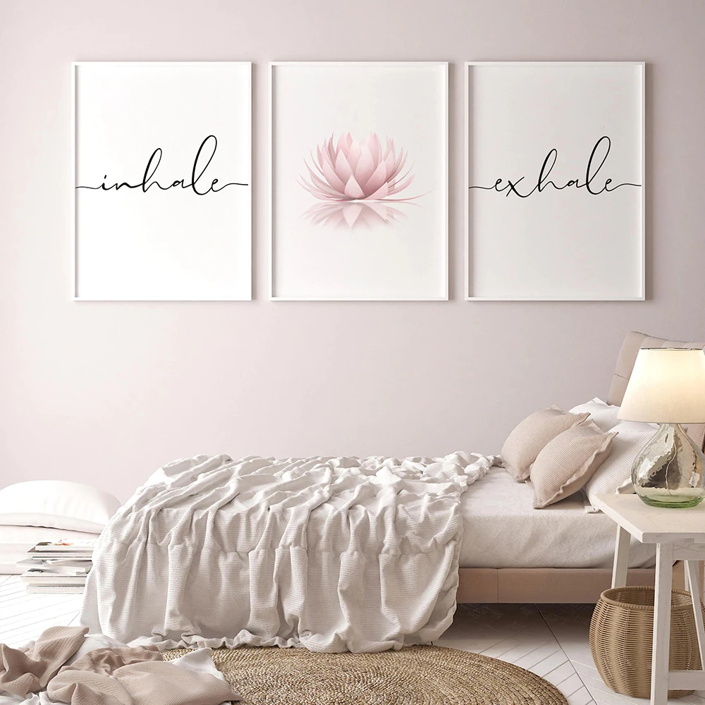 

Nordic Zen Above Bed Posters and Prints Inhale Exhale Pink Lotus Flower Canvas Painting Modern Wall Pictures Bedroom Home Decor
