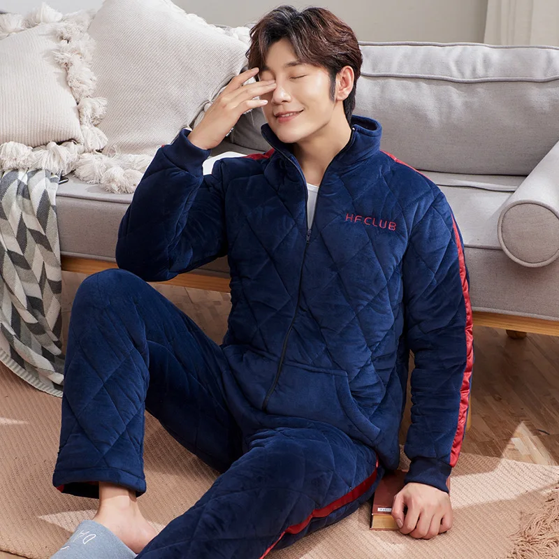 Men's Pajamas Winter Three-layer Quilted Plus Velvet Thick Coral Fleece Suit Flannel Warm Home Service Autumn and Winter Fashion