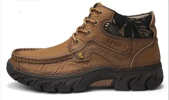 no fur Big size 48 Genuine Leather Men Warm Plush Boots Winter Waterproof Ankle Boots Riding Boots Outdoor Working Snow Oxfords Shoes - Color: no fur