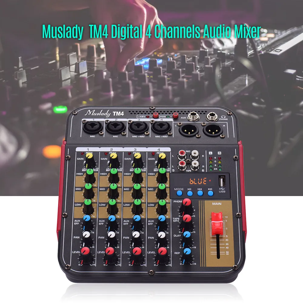 Muslady TM4 цифровой 4-канальный аудио микшер встроенный 48V Phantom Мощность с BT Функция профессиональный аудио Системы